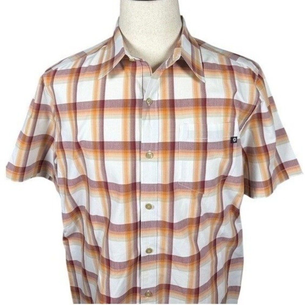 Marmot Men XL Short Sleeve Button Down Plaid Shirt Orange Burgundy Organic Blend